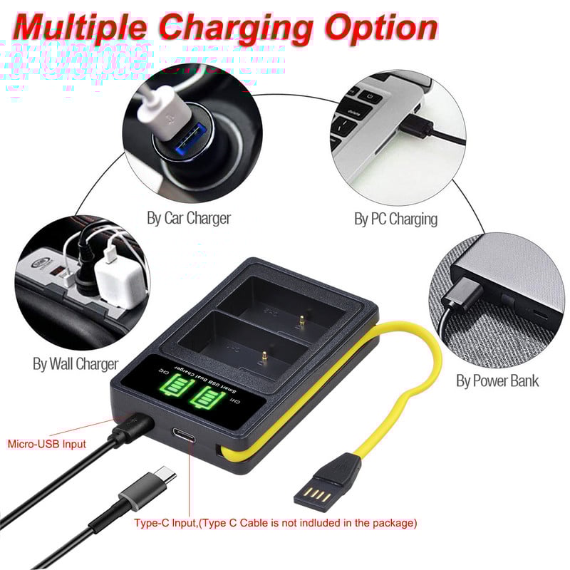 Încărcător dublu LED cu tip C pentru baterie Panasonic DMW-BLH7 DMW BLH7 Lumix DMC-LX15 DMC GM5 GF7 GM1 GF8 GF9 LX10 BLH7E BLH7PP