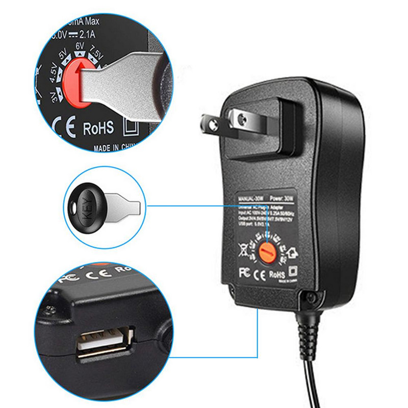 3V 4,5V 5V 6V 7,5V 9V 12V 2A 2,5A maiņstrāvas līdzstrāvas adapteris Regulējams strāvas adapteris 30W universāls lādētājs Padeves LED gaismas joslas lampai