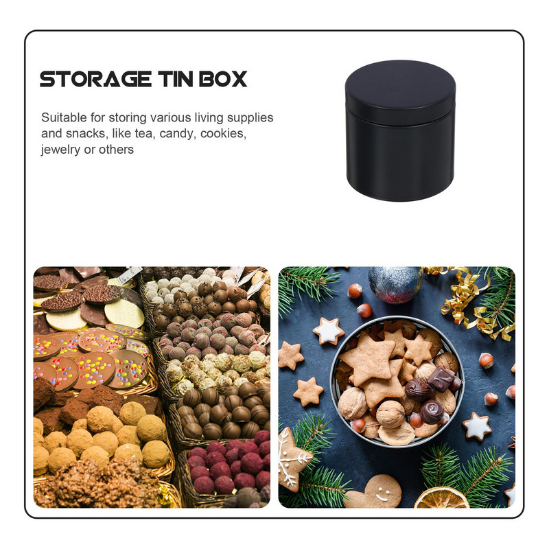 Žvakių skardinės arbatos talpyklos skardinės laikymo indeliai metaliniai stiklainiai su laisva skarda juodiems dangteliams.