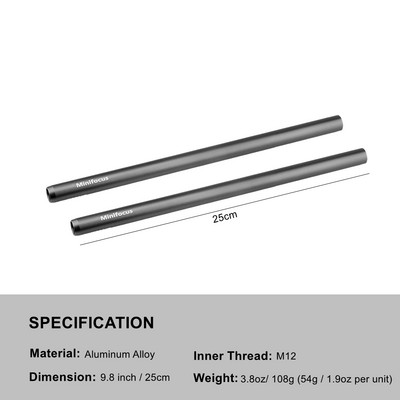 Paket šipki Minifocus 15 mm s šipkama s navojem M12, šipkama od aluminijske legure, šipkama za kamere (pakiranje od 2 para)