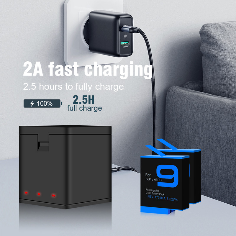 AHDBT-901 baterija za GoPro Hero 10 Dodaci 3 načina LED svjetla Brzi punjač baterije za Go Pro 9 10 crna akcijska kamera
