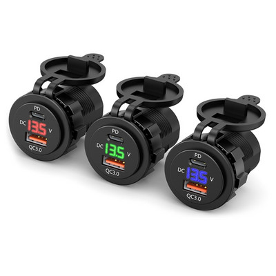 QC3.0 Dual Type-c 5V 3A щепсел за преобразуване за кола, мото лодка PD Бързо зареждане с LED дисплей за напрежение 12V за постояннотоково захранване Dropship