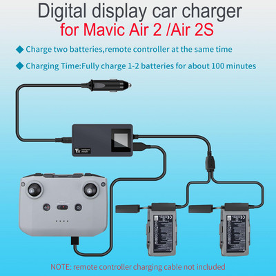 Зарядно за кола с цифров дисплей за DJI Mavic Air 2 /Air 2S Батерия Дистанционно управление Зарядно за превозно средство Преносим интелигентен хъб за зареждане