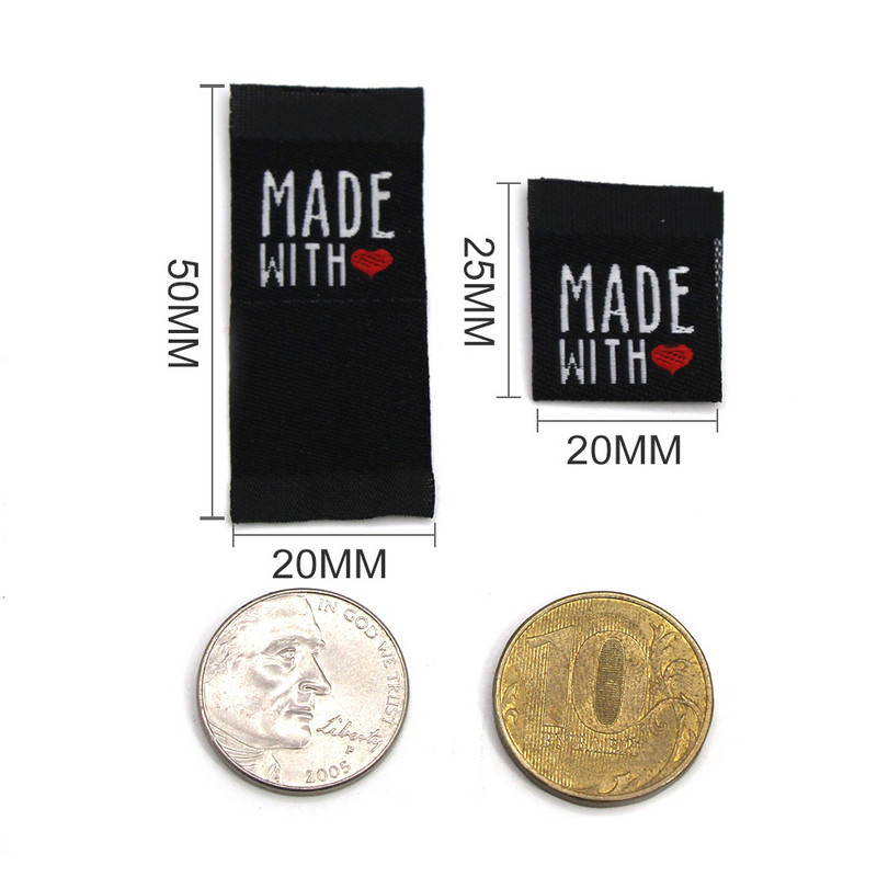 50Gb Roku darbs Etiķete Melns Balts Drēbju Birkas Made Ar Mīlestību Austi Salokāmas Birkas Apģērbu Dekorēšanai Šūšanas Piederumi 20*50MM