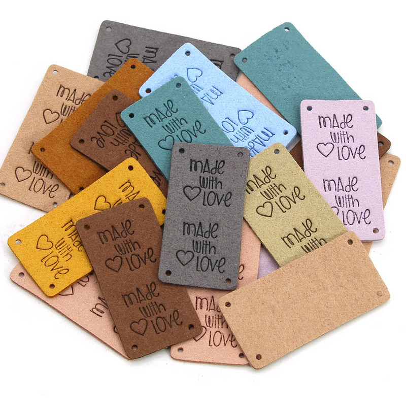 20db Kézzel készített címkék Vegyes színek Bőr címkék ruhákhoz Kalapok Kötött kézzel készített címke szeretettel varrócédulával DIY 25*50MM
