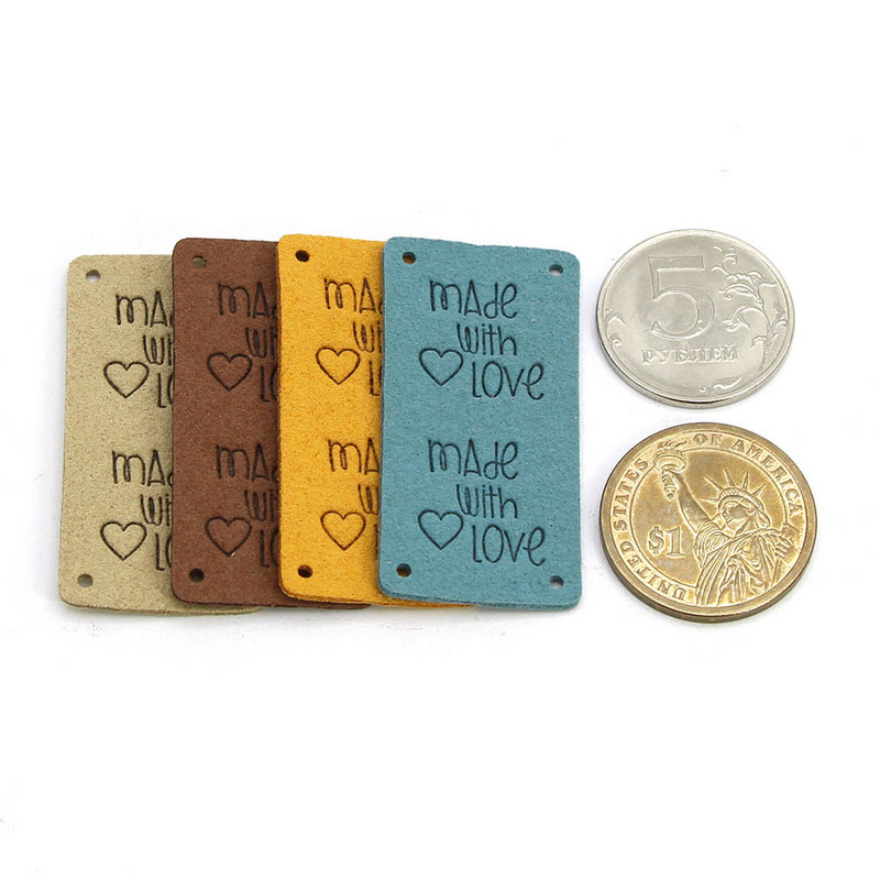 20db Kézzel készített címkék Vegyes színek Bőr címkék ruhákhoz Kalapok Kötött kézzel készített címke szeretettel varrócédulával DIY 25*50MM