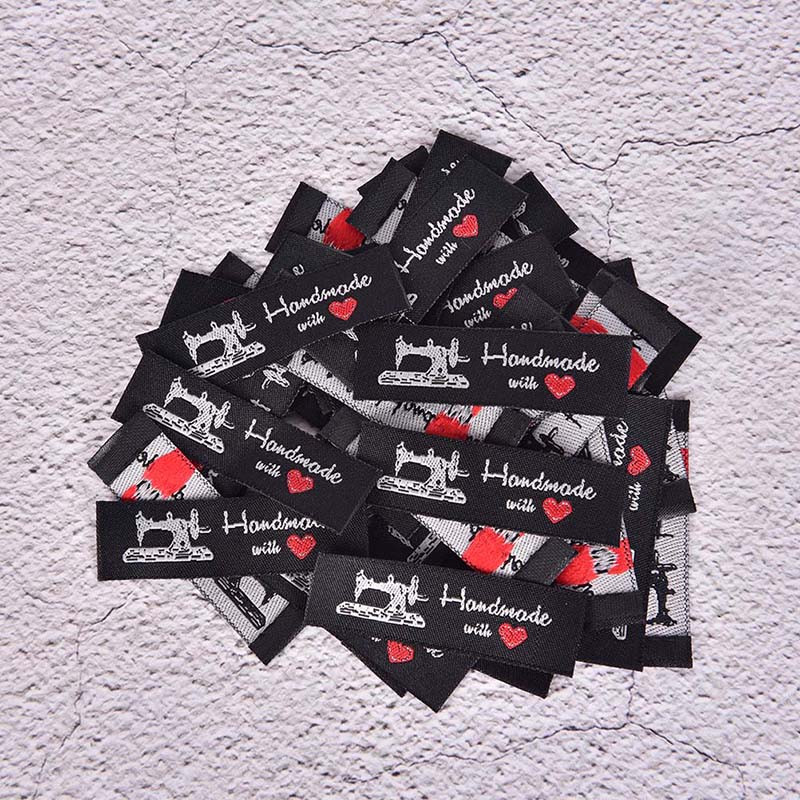 50 komada DIY naljepnica sa zastavicama za dodatke za šivanje odjeće, tkane ručno izrađene s ljubavlju, mačji šivaći stroj, naljepnice za odjeću, reljefne oznake