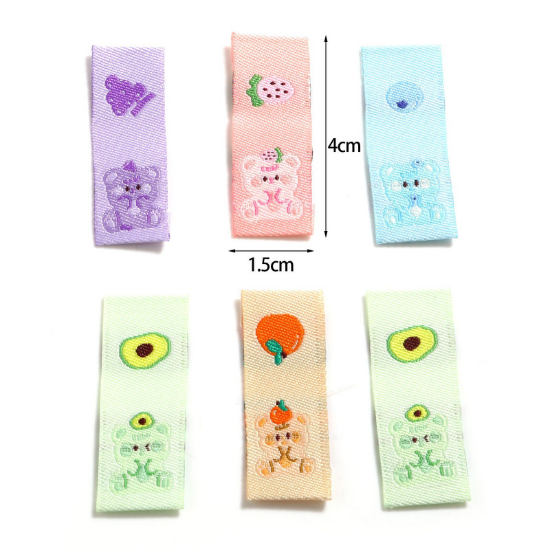 100 gab Poliestera Etiķetes Birkas Lācis Dzīvnieks Zaļš Augļu Raksts Bērnu Karikatūra Apģērbs Somas Cepures DIY Šūšanas piederumi 4x1,5cm