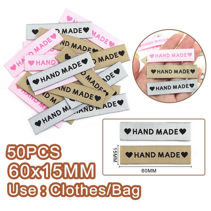 Ručno izrađene naljepnice u obliku srca Oznake za odjeću u obliku srca Ručno izrađena naljepnica Sew Rukotvorine DIY Kape Pokloni Šal Dodaci za odjeću 50kom 60x15MM