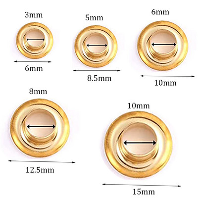 100 PCS Gold MINI Eyelets Grommet Ring With Washer 3mm 5mm 6mm 8mm 10mm for Clothes Leather Canvas Bag Shoes Belt Cap Tags Clo