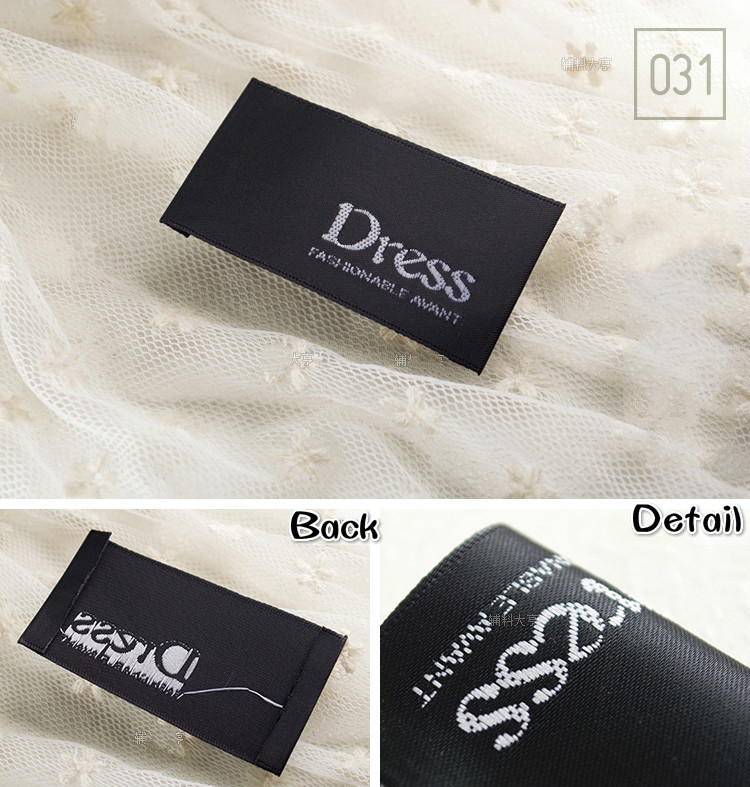 Vysokokvalitné čiernobiele šaty s logom, drevený kyvadlový materiál, oblečenie, odev, tkané štítky, koncový priečinok