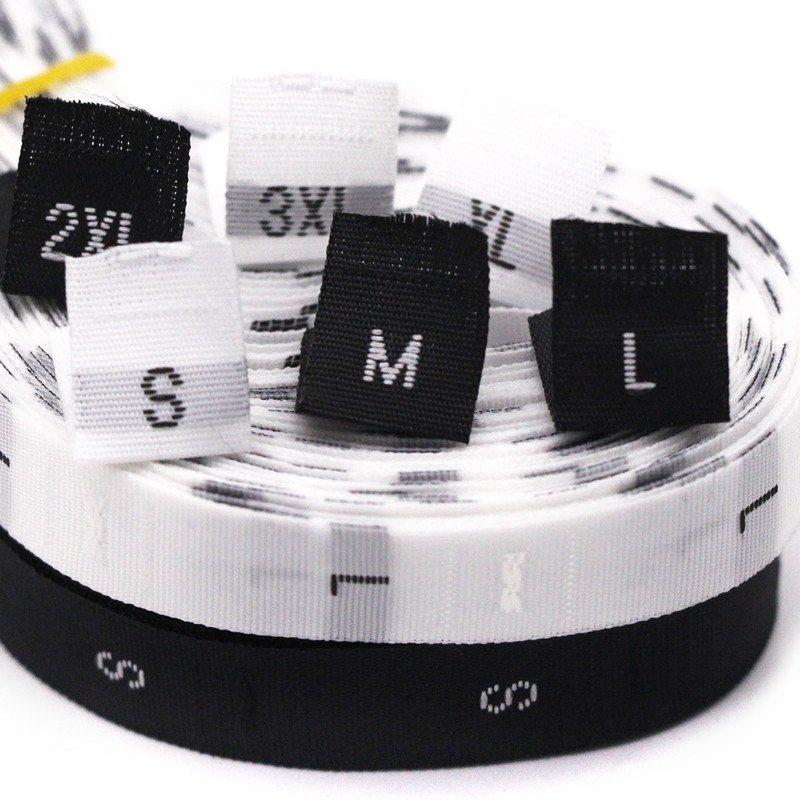 Fekete-fehér Méretcímkék XS-5XL Méretjelzés Ruhacímkék Pamut címke ruhákhozPóló Szövet varrás kézműves ruházati kiegészítők