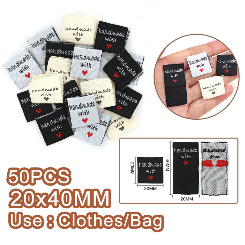Fekete fehér bézs ruha címkék kézzel készített szerelmes címkék kalapokhoz 50 db kézzel készített címke varrni kézműves kötés kiegészítők 2x4cm