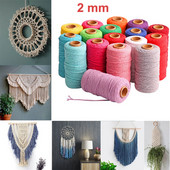 Snur colorat de ață de 2 mm 100 m Artizanat manual, bej, din bumbac răsucit, cordon de macrame, sfoară, sfoară, frânghie, decorare textile pentru casă