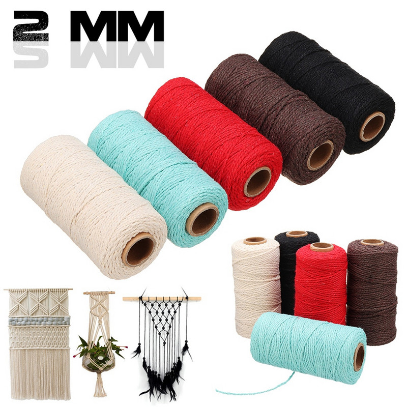 Snur colorat de ață de 2 mm 100 m Artizanat manual, bej, din bumbac răsucit, cordon de macrame, sfoară, sfoară, frânghie, decorare textile pentru casă
