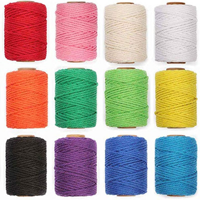 Шнур за макраме, 3 мм естествен памучен канап, 12 ролки, 4 нишки, цветен шнур за макраме, цветно памучно въже за плетене на занаяти „направи си сам“
