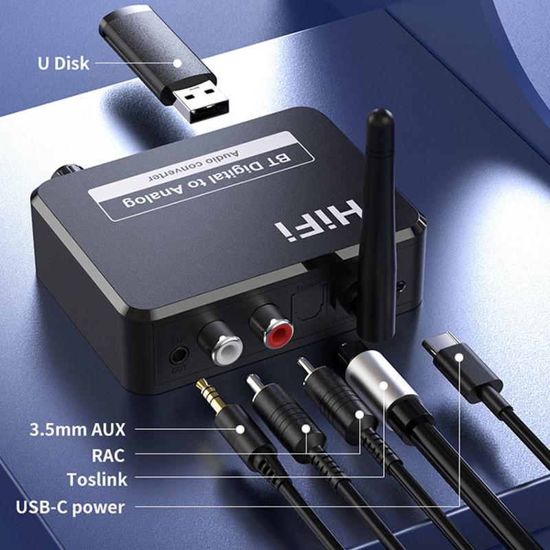 Bluetooth 5.0 audio uztvērējs no digitālā uz analogo audio DAC pārveidotājs Spdif optiskās šķiedras signāls uz 3,5 mm 3,5 AUX 2 RCA pastiprinātāju