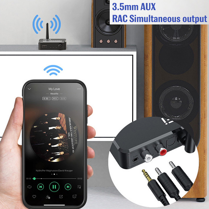 Bluetooth 5.0 audio uztvērējs no digitālā uz analogo audio DAC pārveidotājs Spdif optiskās šķiedras signāls uz 3,5 mm 3,5 AUX 2 RCA pastiprinātāju