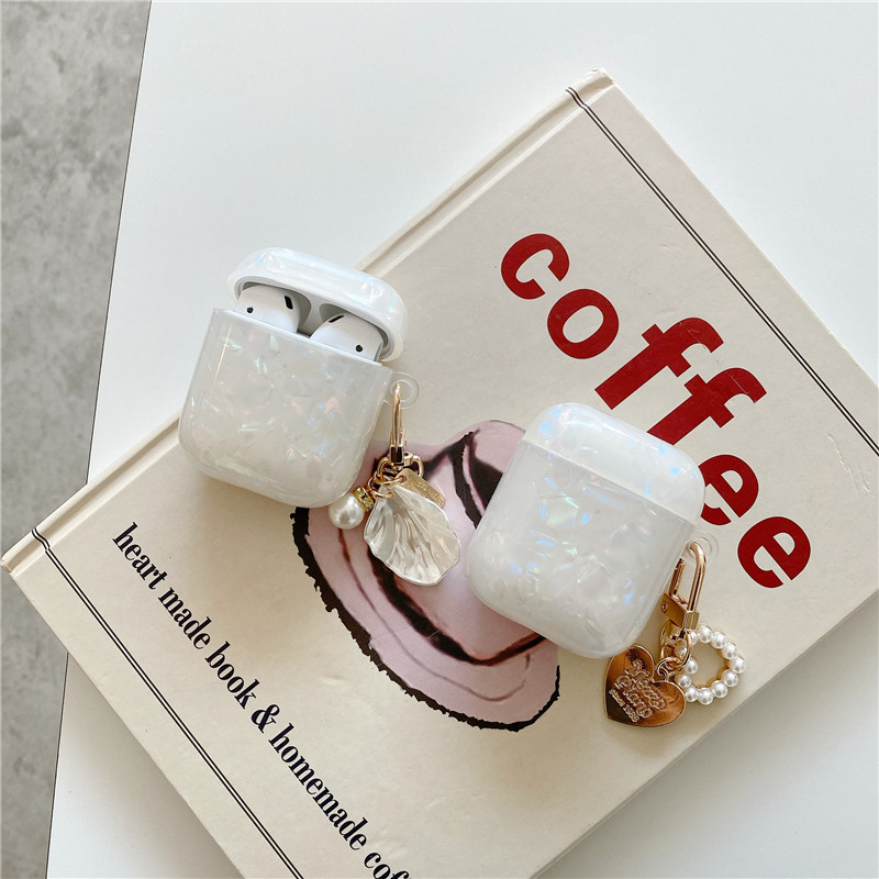 Sapņaini balts spīdīgs Shell Pearl rokassprādze Keychain Austiņas Mīksts maciņš Apple Airpods 1 2 Pro 3 bezvadu austiņu kastes vāciņam