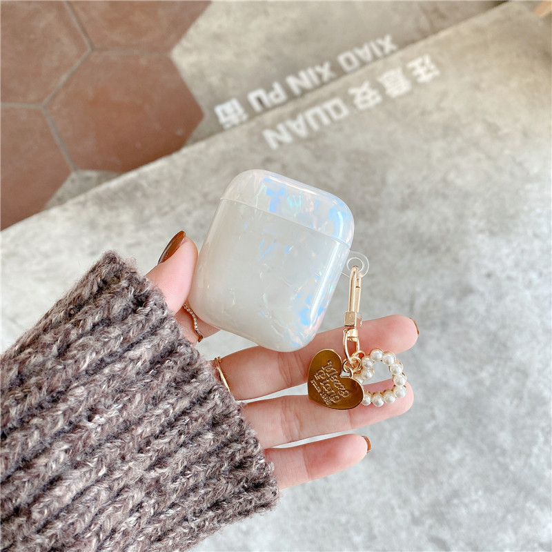 Sapņaini balts spīdīgs Shell Pearl rokassprādze Keychain Austiņas Mīksts maciņš Apple Airpods 1 2 Pro 3 bezvadu austiņu kastes vāciņam