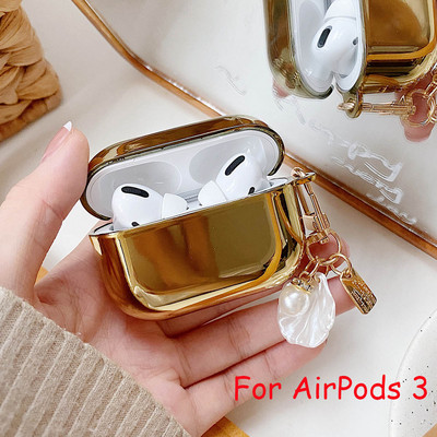 Ηλεκτροπλαστική χρυσή θήκη ακουστικών για Apple AirPods 1 2 Pro 3 Θήκη AirPod Χαριτωμένα στολίδια με μαργαριτάρι μπρελόκ Μαλακό κάλυμμα βάσης