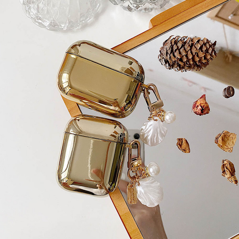 Ηλεκτροπλαστική χρυσή θήκη ακουστικών για Apple AirPods 1 2 Pro 3 Θήκη AirPod Χαριτωμένα στολίδια με μαργαριτάρι μπρελόκ Μαλακό κάλυμμα βάσης