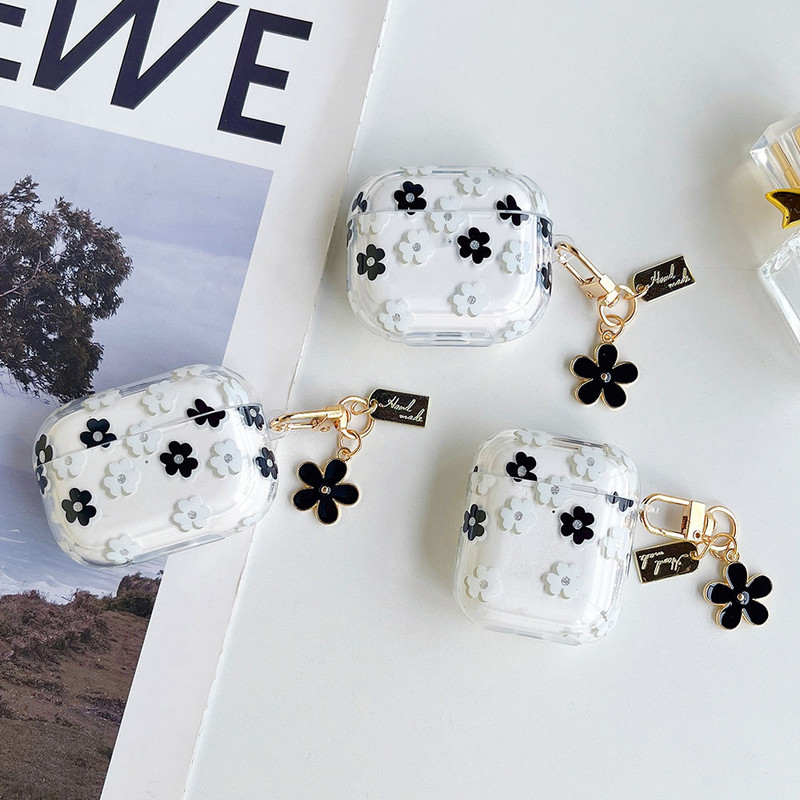 Átlátszó puha szilikon burkolat AirPods 2 3 fülhallgatóhoz, csillámos, virágos függő fülhallgató tok Apple AirPod Pro fejhallgató kulcstartóhoz