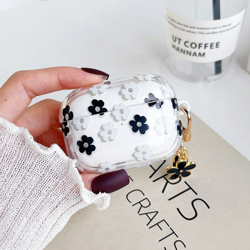 Átlátszó puha szilikon burkolat AirPods 2 3 fülhallgatóhoz, csillámos, virágos függő fülhallgató tok Apple AirPod Pro fejhallgató kulcstartóhoz