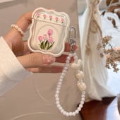 Husă retro cu flori de lalele pentru AirPods 1 2 Pro 3 Huse pentru AirPod 1 2 Cutie de încărcare pentru căști cu brățară cu perle Husă de protecție moale
