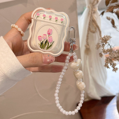 Husă retro cu flori de lalele pentru AirPods 1 2 Pro 3 Huse pentru AirPod 1 2 Cutie de încărcare pentru căști cu brățară cu perle Husă de protecție moale