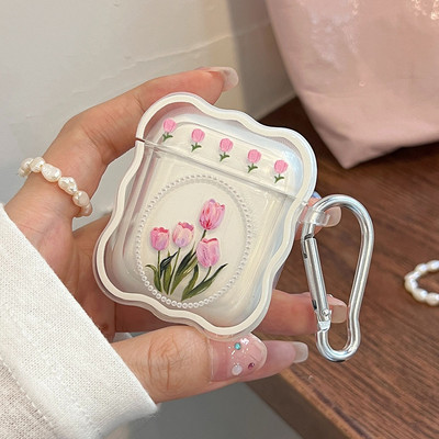 Husă retro cu flori de lalele pentru AirPods 1 2 Pro 3 Huse pentru AirPod 1 2 Cutie de încărcare pentru căști cu brățară cu perle Husă de protecție moale
