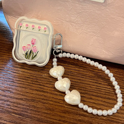 Husă retro cu flori de lalele pentru AirPods 1 2 Pro 3 Huse pentru AirPod 1 2 Cutie de încărcare pentru căști cu brățară cu perle Husă de protecție moale