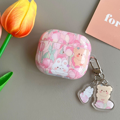 Husă retro cu flori de lalele pentru AirPods 1 2 Pro 3 Huse pentru AirPod 1 2 Cutie de încărcare pentru căști cu brățară cu perle Husă de protecție moale
