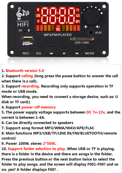 DC 5V 18V 50W erősítő MP3 dekóder kártya Bluetooth5.0 autós MP3 lejátszó USB felvevő modul FM AUX rádió hangszóróhoz kihangosító