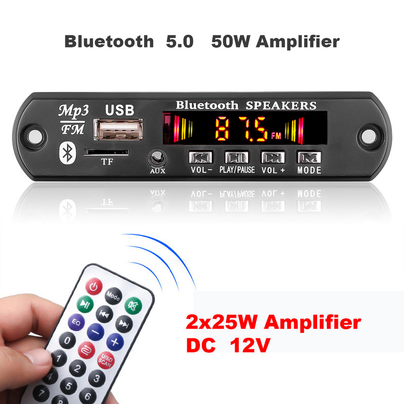 DC 5V 18V 50W erősítő MP3 dekóder kártya Bluetooth5.0 autós MP3 lejátszó USB felvevő modul FM AUX rádió hangszóróhoz kihangosító