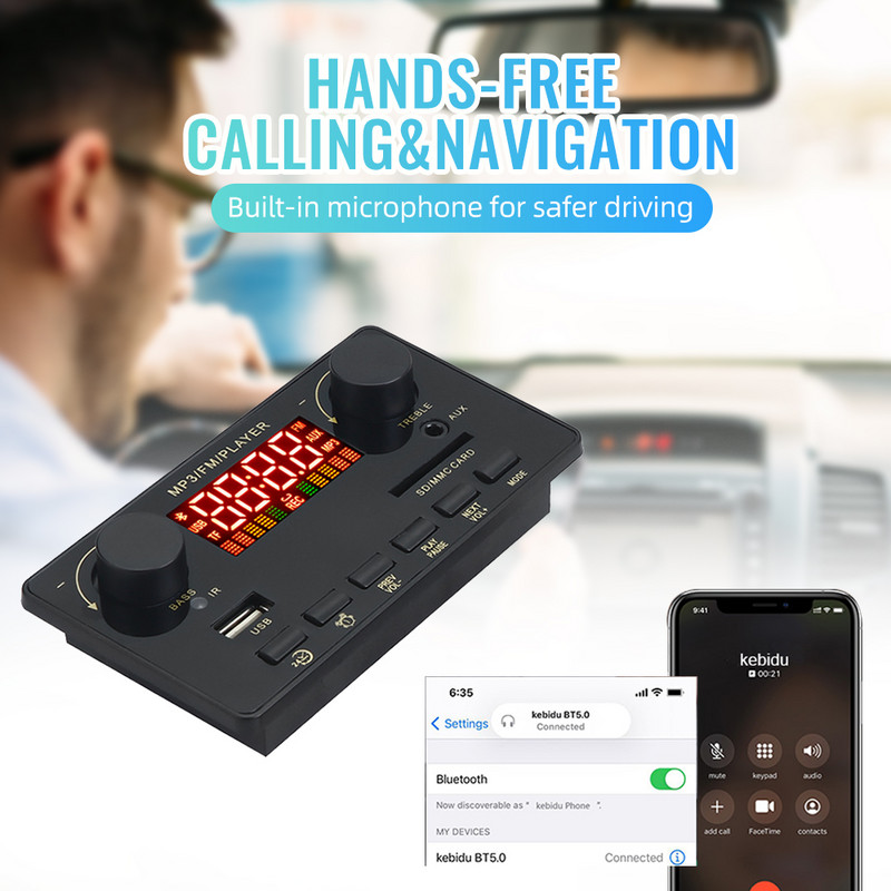 2*40W 80W pastiprinātājs Bluetooth 5.0 MP3 atskaņotājs WAV dekodera plate 12V auto FM radio moduļa atbalsts TF USB AUX brīvroku zvanu ieraksts