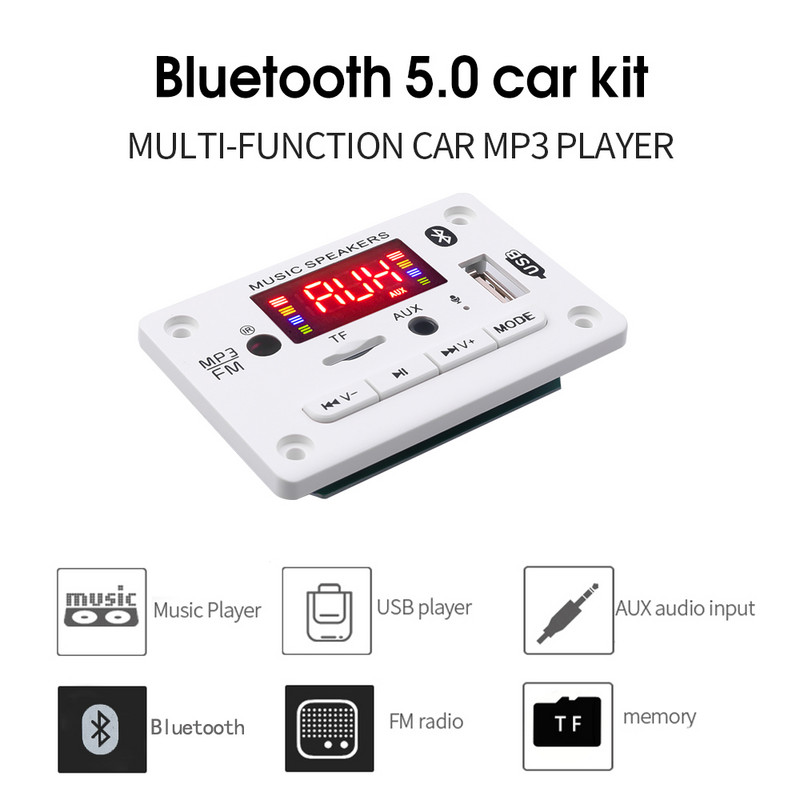 Bluetooth 5.0 MP3-dekoodri dekodeerimisplaadi moodul 5 v 12v auto USB MP3-mängija WMA WAV TF-kaardi pesa / USB / FM-kaugplaadi moodul