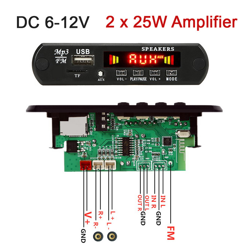 2*15W/2*25W erősítő MP3 lejátszó modul Bluetooth kompatibilis 5.0 dekóder tábla 12 V 50 W erősítő autós FM rádió modul mp3 lejátszók