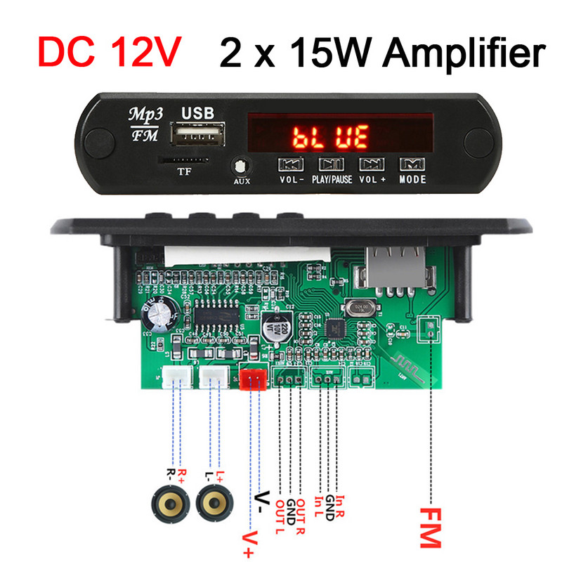 2*15W/2*25W erősítő MP3 lejátszó modul Bluetooth kompatibilis 5.0 dekóder tábla 12 V 50 W erősítő autós FM rádió modul mp3 lejátszók