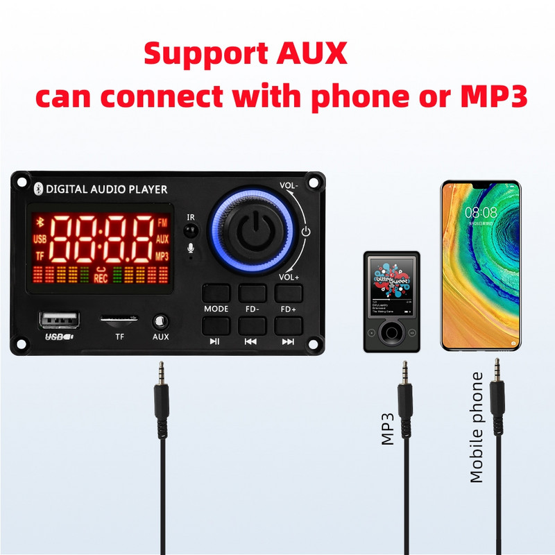 2*50W pastiprinātājs MP3 dekodera plate DC 12V 100W mapju pārslēgšana brīvroku Bluetooth DIY auto MP3 atskaņotājs FM radio AUX TF USB ieraksts