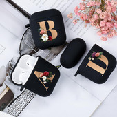Husă drăguță florală aurie cu literă inițială cu alfabet pentru AirPods 2 1 3 Pro cutie pentru căști Bluetooth fără fir din silicon negru Husă mat