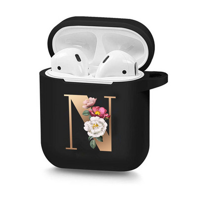 Husă drăguță florală aurie cu literă inițială cu alfabet pentru AirPods 2 1 3 Pro cutie pentru căști Bluetooth fără fir din silicon negru Husă mat
