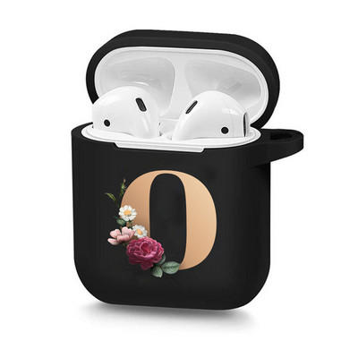 Husă drăguță florală aurie cu literă inițială cu alfabet pentru AirPods 2 1 3 Pro cutie pentru căști Bluetooth fără fir din silicon negru Husă mat