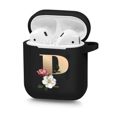 Husă drăguță florală aurie cu literă inițială cu alfabet pentru AirPods 2 1 3 Pro cutie pentru căști Bluetooth fără fir din silicon negru Husă mat