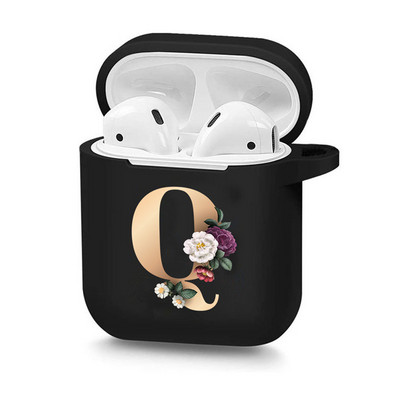 Husă drăguță florală aurie cu literă inițială cu alfabet pentru AirPods 2 1 3 Pro cutie pentru căști Bluetooth fără fir din silicon negru Husă mat
