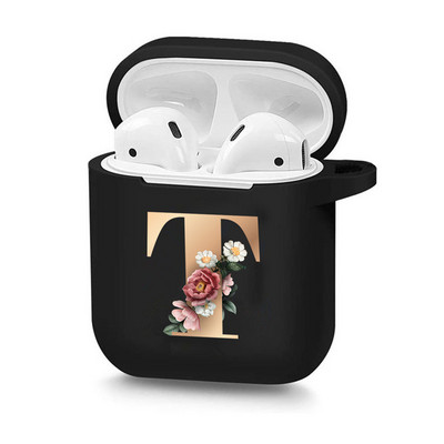 Husă drăguță florală aurie cu literă inițială cu alfabet pentru AirPods 2 1 3 Pro cutie pentru căști Bluetooth fără fir din silicon negru Husă mat