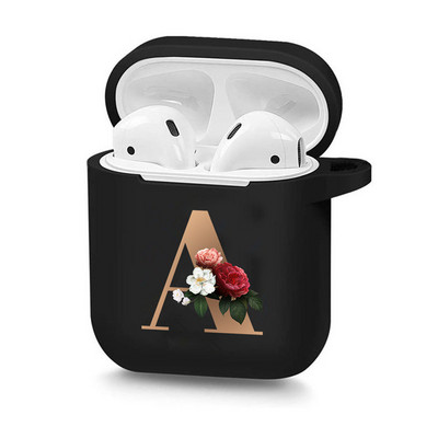 Husă drăguță florală aurie cu literă inițială cu alfabet pentru AirPods 2 1 3 Pro cutie pentru căști Bluetooth fără fir din silicon negru Husă mat