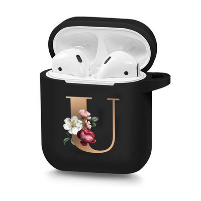 Husă drăguță florală aurie cu literă inițială cu alfabet pentru AirPods 2 1 3 Pro cutie pentru căști Bluetooth fără fir din silicon negru Husă mat