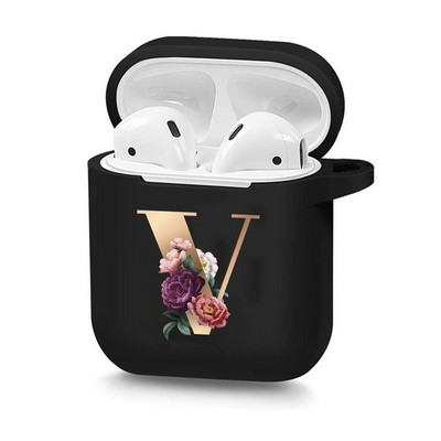 Husă drăguță florală aurie cu literă inițială cu alfabet pentru AirPods 2 1 3 Pro cutie pentru căști Bluetooth fără fir din silicon negru Husă mat