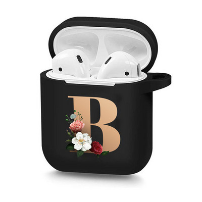 Husă drăguță florală aurie cu literă inițială cu alfabet pentru AirPods 2 1 3 Pro cutie pentru căști Bluetooth fără fir din silicon negru Husă mat